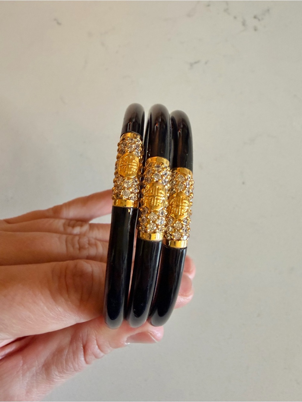 Black and Crystal Bangle Set with Gold Accents